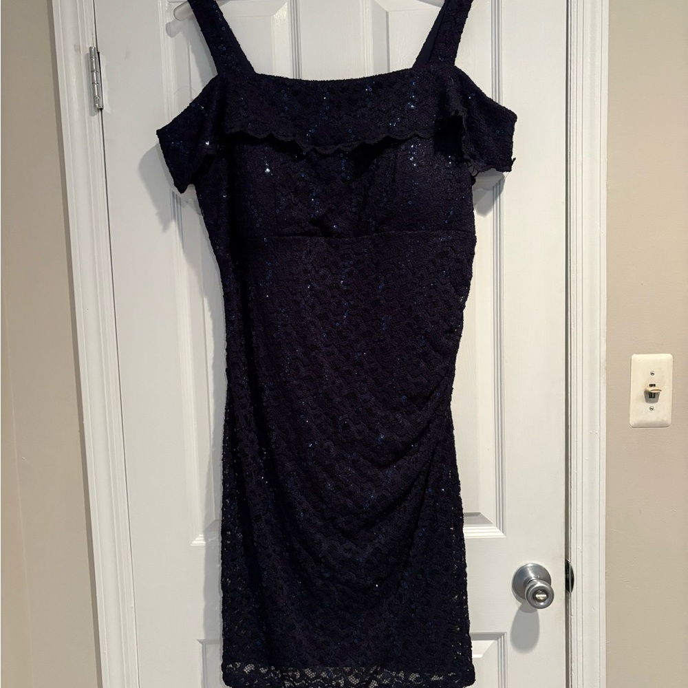 Elegant Navy knee length Lace Dress with sparkle!